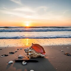 A stunning seashell rests on a sandy beach at sunrise, bathed in warm, golden light.