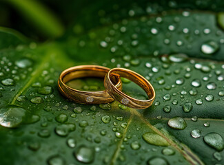 A pair of golden beautiful wedding rings resting on the edge of an emerald green leaf, surrounded by water droplets
