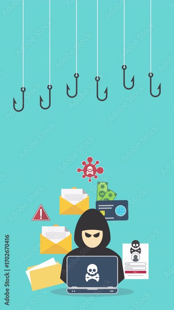 Poster hacker with laptop computer stealing confidential data, personal information and credit card detail.