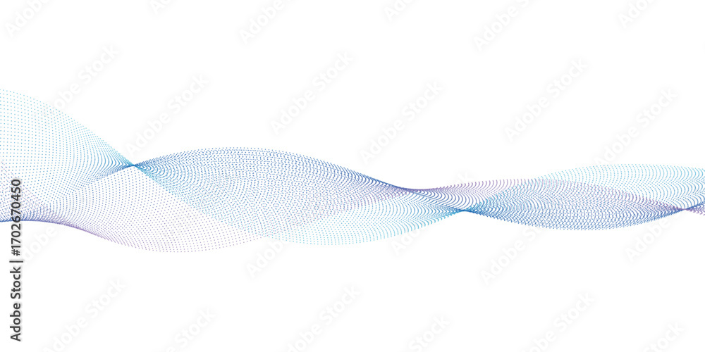 Poster dynamic particle waves in a blue halftone a flowing dot curve against a white backdrop, embodying te