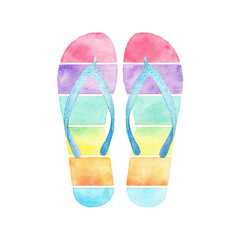 Fototapeta premium Colorful watercolor flip-flops with rainbow gradient design, cut out