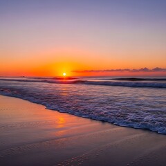 A vibrant sunrise paints the coastal landscape, showcasing the soft hues of the ocean and beach at dawn.
