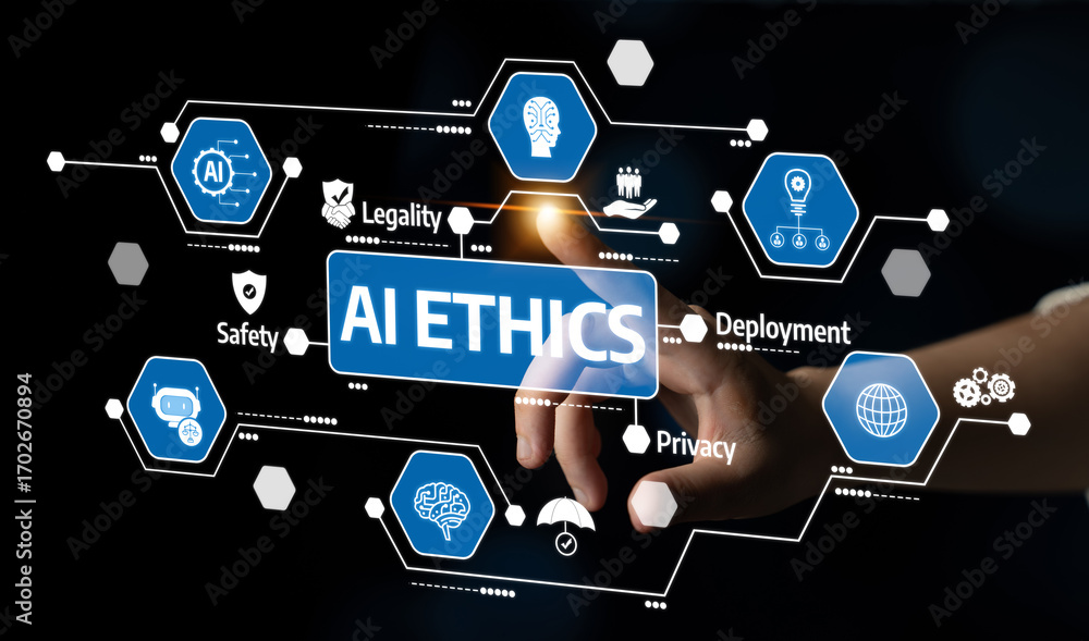 Poster this image showcases ethical principles in artificial intelligence, emphasizing safety, legality, pr