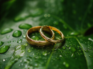 A pair of golden beautiful wedding rings resting on the edge of an emerald green leaf, surrounded by water droplets