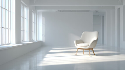 Bright and airy room with a white chair sitting in the sunlight