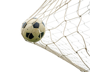 Soccer ball or Football ball in the net isolated on white background, Soccer Ball Hitting the net PNG Images With Transparent Background.