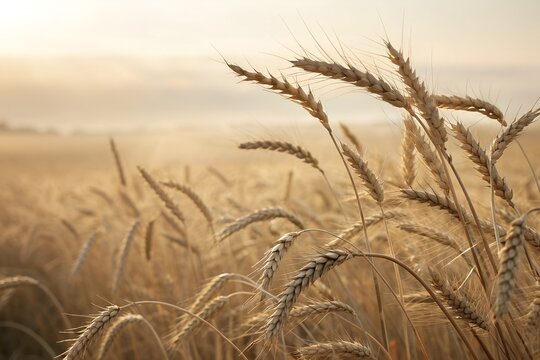 Closeup of wheat stalks in a golden field at sunrise