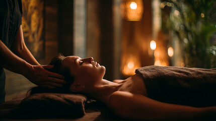 Woman receiving a head massage at a spa in a dimly lit relaxing environment