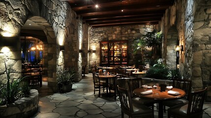 Stone interior showcases lit dining area with round tables and wood chairs at night