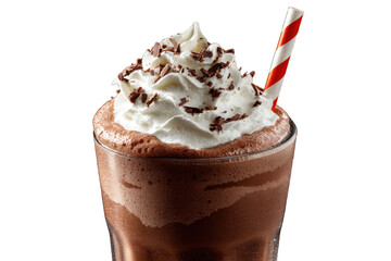 Chocolate Cocoa Spread milkshake transparent PNG, isolated background. Whipped cream topping garnish, served in glass, striped straw, shake bar menu dessert