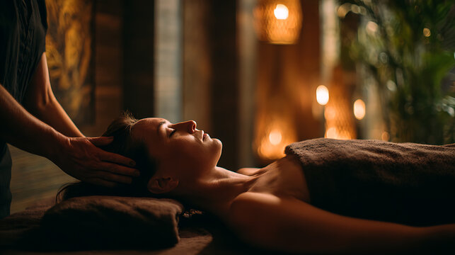 Woman receiving a head massage at a spa in a dimly lit relaxing environment