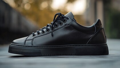 Stylish Black Leather Sneaker Side View, Laced Fashionable Shoe on Blurred Backdrop