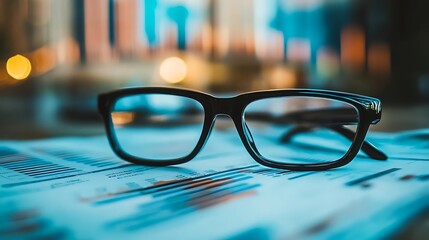 Stylish Eyeglasses on Financial Data Sheet with Modern Office Background
