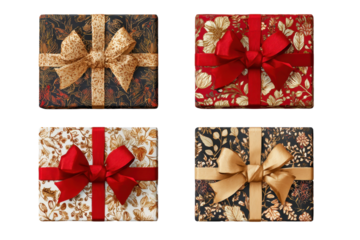 Christmas luxury gift present festive pattern top down view PNG set, cutout isolated on white background. Winter Holiday gifting season graphic resource