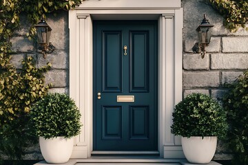 Stylish Teal Doorway with Sconce Lighting, Stone Wall and White Planter Pots