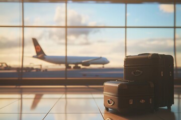 Suitcases with Aircraft Background at Airport Terminal, Modern Travel Concept