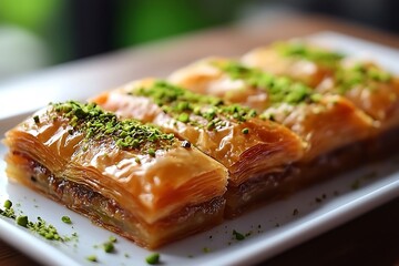 Sweet Baklava Pastry Dessert Squares Topped with Pistachios on White Plate Closeup