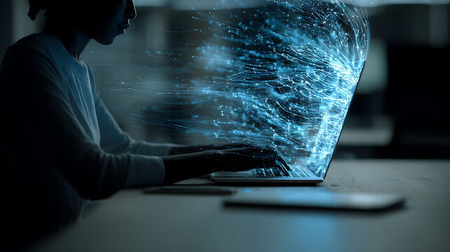 Woman working on laptop with futuristic interface and data stream concept