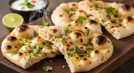 Freshly baked, aromatic Indian flatbread, garnished with cilantro and spices, sits steaming on a wooden board.
