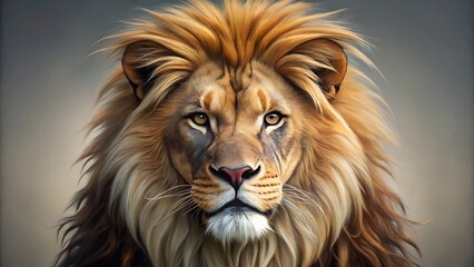 Fototapeta premium A majestic portrait of a male lion with a full mane, its eyes gazing directly at the viewer, showcasing its power and beauty