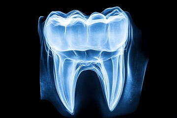 Tooth Molar XRay Style Blue Glowing Dental Anatomy Against Transparent Background