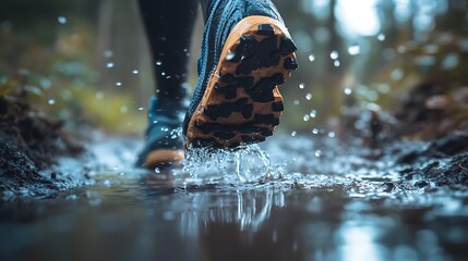 Trail Running Shoe Splashing in Puddle, Closeup of Sole and Water Droplets