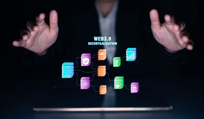 The Web 3.0 decentralization technology ecosystem. A flowchart of interconnected concepts like AI, blockchain, security, and decentralized finance. Motif