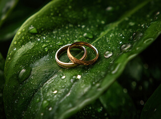 A pair of golden beautiful wedding rings resting on the edge of an emerald green leaf, surrounded by water droplets