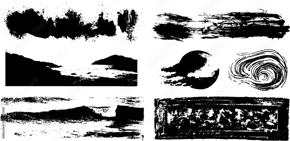 Poster black ink abstract borders and scribbled lines set for design elements