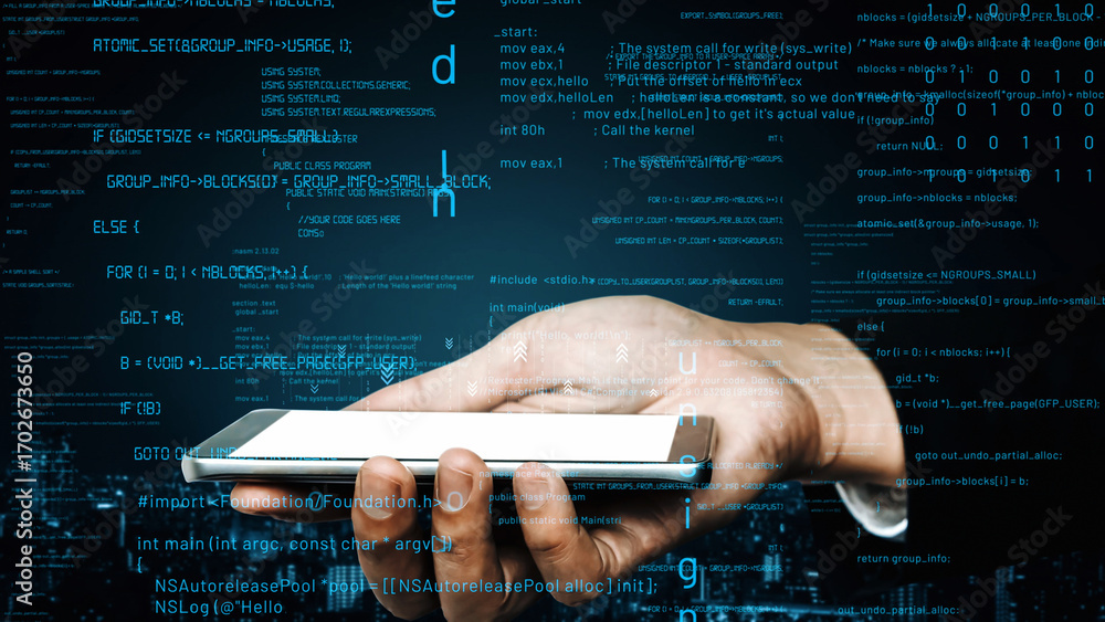 Poster a hand is seen holding a smartphone with a blank screen against a backdrop of data and code, symboli
