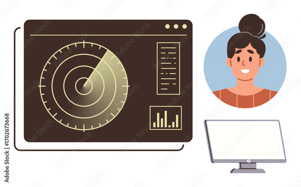 Poster radar display emitting signals alongside user data, graph analysis, and smiling individual profile. 