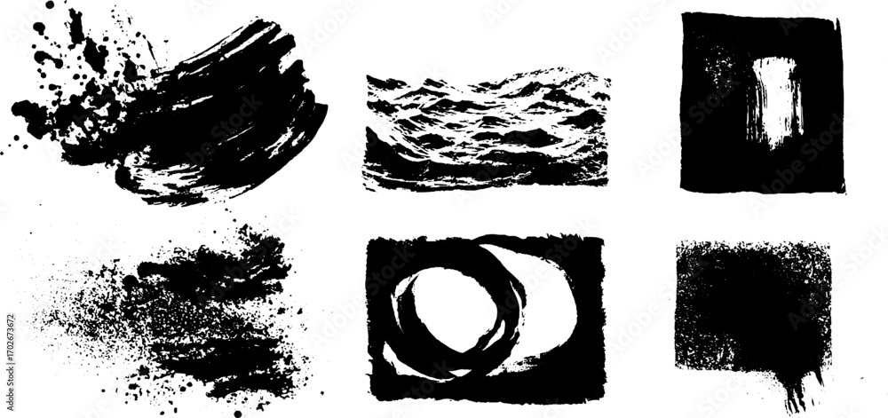Poster Chaotic black ink abstract texture set with dynamic scribbles and strokes for creative design
