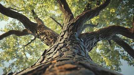 Upward Angle of Textured Tree Trunk with Branching Canopy and Green Leaves View