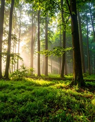 Sunbeams piercing a misty forest
