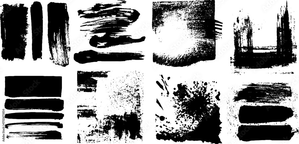 Poster black ink abstract texture set with layered strokes and grunge elements for design projects