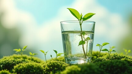 Green leaf flower growing in water in glass cup ai generated
