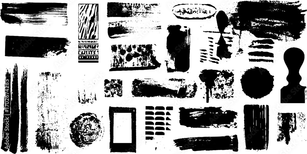 Poster black ink collage fragment set with tape strips and abstract cross elements
