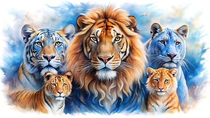 Watercolor painting of a majestic lion family, including tigers, with a blue and white background isolated on white background