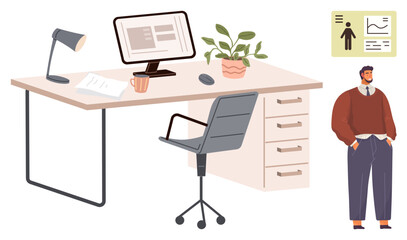 Organized desk with computer, lamp, plant, and chair alongside a standing professional near data chart. Ideal for productivity, workplace, office, professional life, employment success simple flat