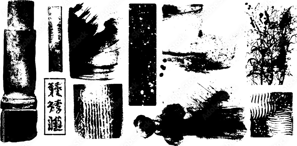 Poster black ink texture set with experimental collage elements for creative design projects