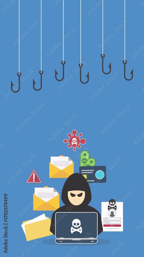 Poster hacker with laptop computer stealing confidential data, personal information and credit card detail.