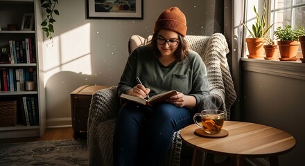 Woman writing in journal by window.
