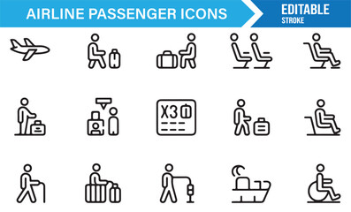 Outline style passenger icons showing baggage claim, security check, and travel assistance