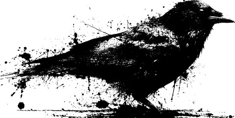 Black ink grunge silhouette of crow with splattered effect for urban art designs