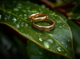 A pair of golden beautiful wedding rings resting on the edge of an emerald green leaf, surrounded by water droplets