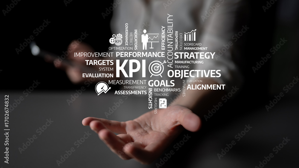 Poster businessman illustrating essential key performance indicators, showcasing concepts like goals and st