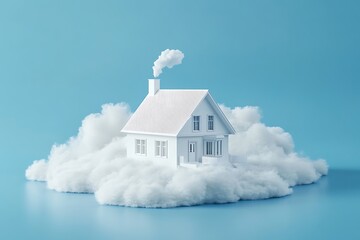 White Modern House Surrounded by Clouds, Chimney with Smoke on Blue Background
