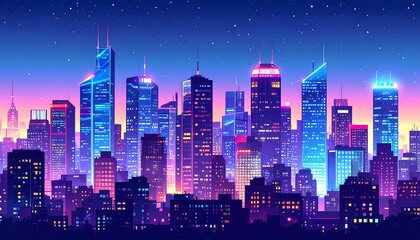 Neon cityscape at night, vibrant skyscrapers in various shades of purple, pink, and blue