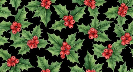 A festive holly pattern with vibrant green leaves and clusters of red berries against a dark backdrop, creating a cheerful and celebratory aesthetic.