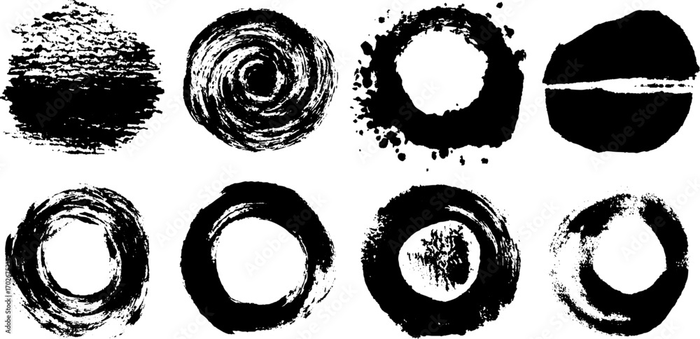 Poster black ink minimal texture set with bold brush swirls and circular designs